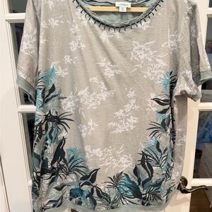 Sundance Teal and Gray Botanical Short Sleeve Top